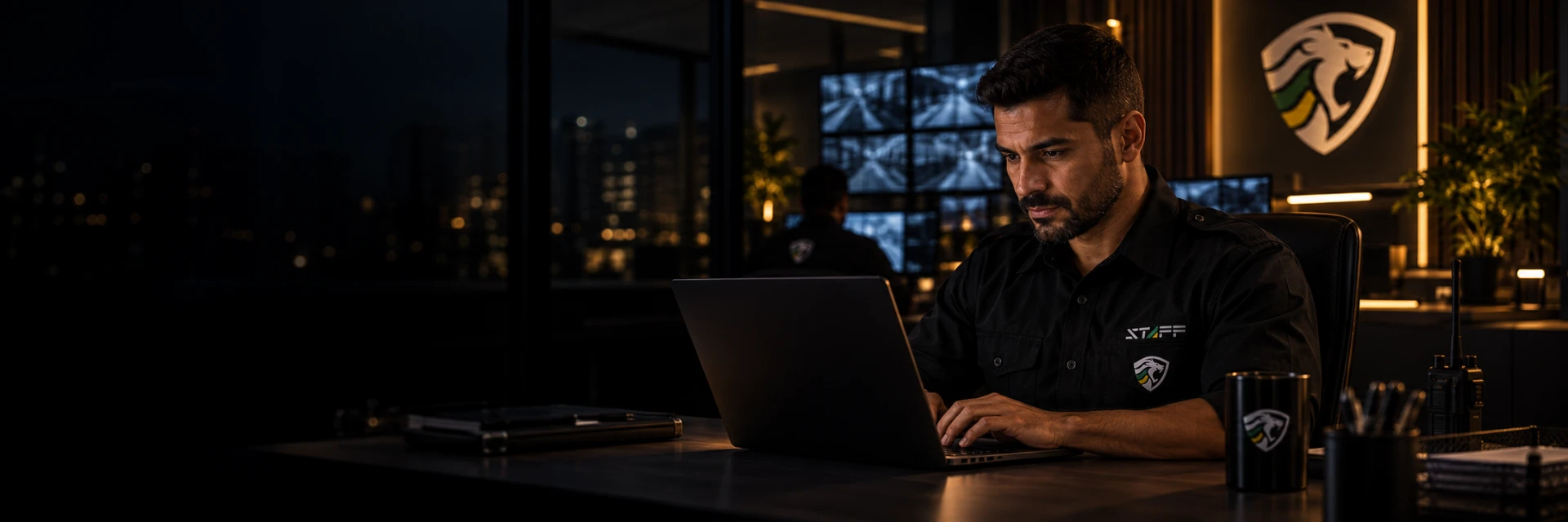 Operador da central de monitoramento da Staff trabalhando no laptop