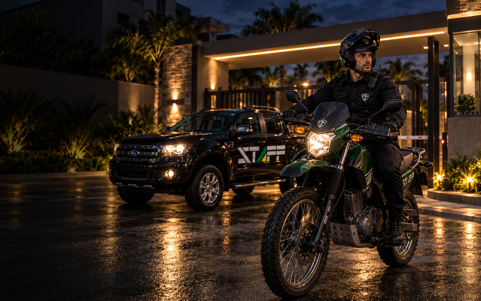 Motociclista da Staff em patrulhamento noturno ao lado da viatura